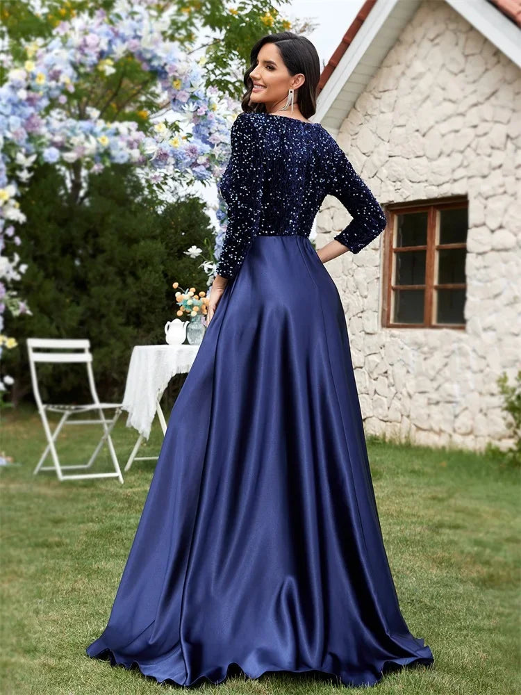 Luxury Long Sleeve V-Neck Satin Formal Evening Dresses 2025 Elegant Wedding Party Sequins Women Prom Cocktail Gowns