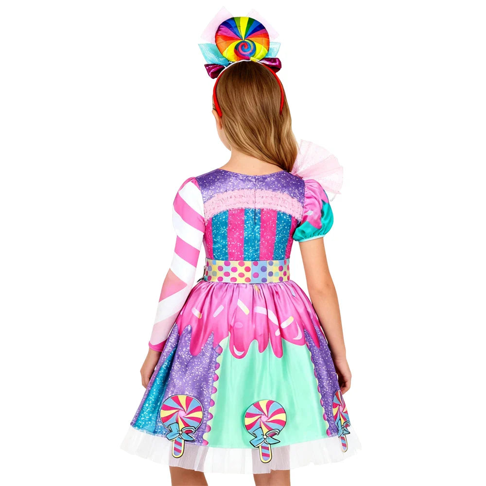 2026 Kids Purim Disguise Rainbow Candy Dress With Headband Lollipop Cosplay Costume Children Dress Birthday Carnival Party Gift