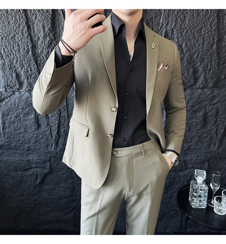 Men's Korean Style Slim Fit Suit Set, High Quality Fabric Solid Color Edge Pressing for Wedding Business