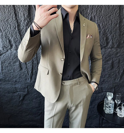 Men's Korean Style Slim Fit Suit Set, High Quality Fabric Solid Color Edge Pressing for Wedding Business