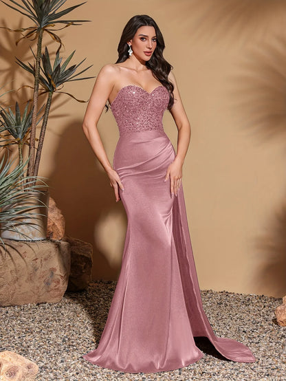 Satin waist pleated side flaps floor-length skirt, sequined spliced tube top dress