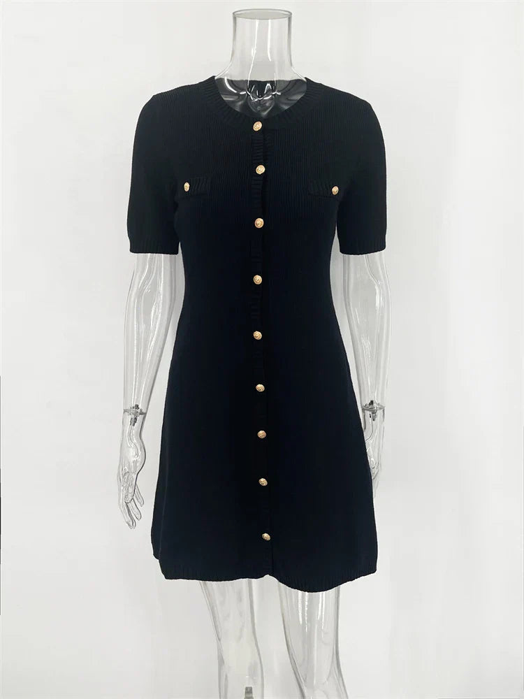 Elegant Knit Mini Dress Women Street Slim High Waist Short Sleeve Rib Sweater Dresses Vacation Bodycon Knitwear Dress
