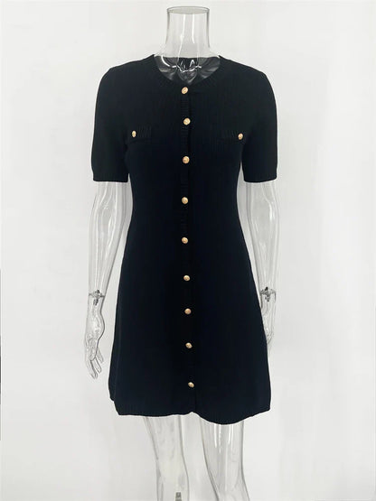 Elegant Knit Mini Dress Women Street Slim High Waist Short Sleeve Rib Sweater Dresses Vacation Bodycon Knitwear Dress