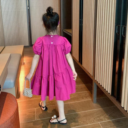 New Girls Princess Dress 2026 Summer Children Loose Sweet Rose Red Dress Kids Short Sleeve Patchwork Dress 2-8 Years