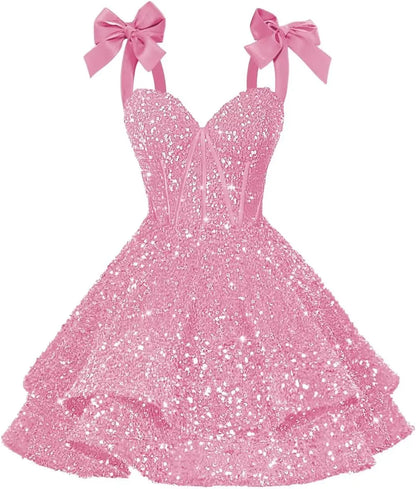 Sparkly Sequin Bows Homecoming Dresses 2026 Short Spaghetti Straps Tiered Satin Sweet Prom Cocktail Dress Graduation Dress