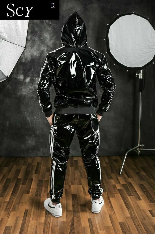 Men's and women's PU leather Hoodie suit leisure sportswear Hoodie jogging suit sportswear men's suit bright leather sportswear