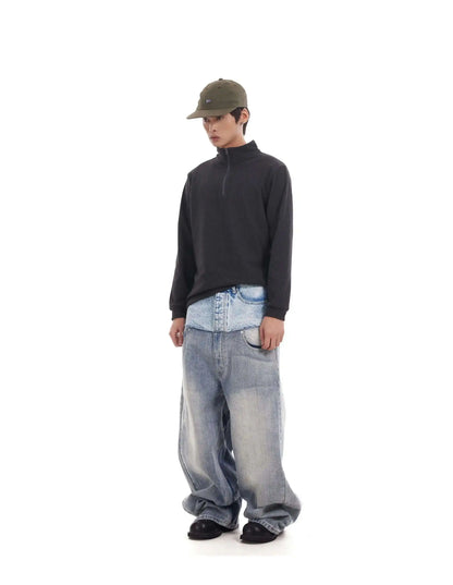 Niche Colorblock Patchwork Wide Leg Blue Jeans Men's Spring 2025 New Straight Double Waist Design Denim Trousers 28W6048