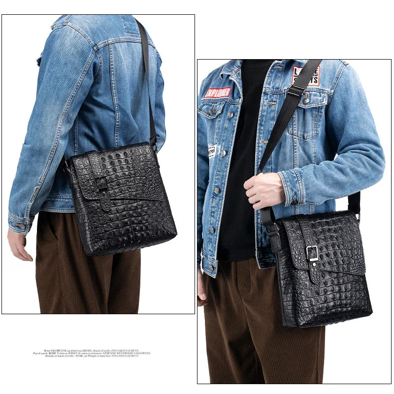 Genuine Leather Men's Crocodile Pattern Shoulder Bag Fashion Men Messenger Chest Bag Vintage Crossbody Travel Bag