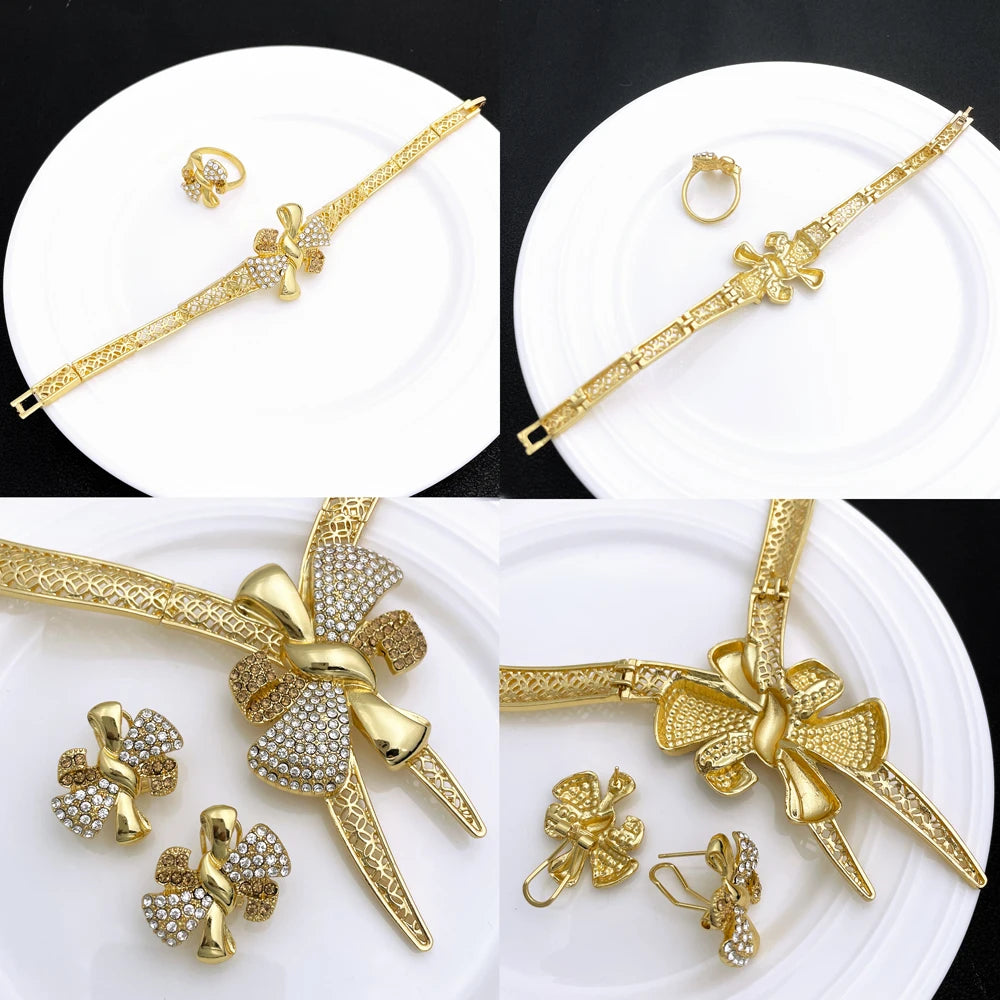 Conjunto de Joias Femininas Banhadas a Ouro 18k, Design Clássico, Colar, Brinco, Pulseira e Anel, Conjunto de 4 Peças, Joias para Festa de Casamento, Itália