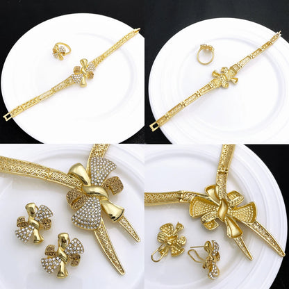 Conjunto de Joias Femininas Banhadas a Ouro 18k, Design Clássico, Colar, Brinco, Pulseira e Anel, Conjunto de 4 Peças, Joias para Festa de Casamento, Itália