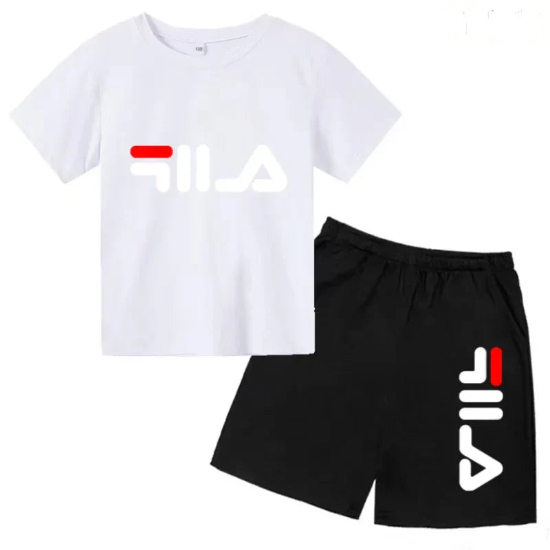 Kids Gift Sports Short-Sleeved Round Neck Black Letters Fashion White T-shirt+Shorts Summer Boy Girl Casual Outdoor Jogging Suit