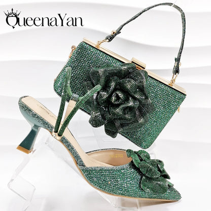 Large Flower Design Shoes & Bag Nigerian Coffee Color Women's Stiletto Shoes For Special Good Time INS Style