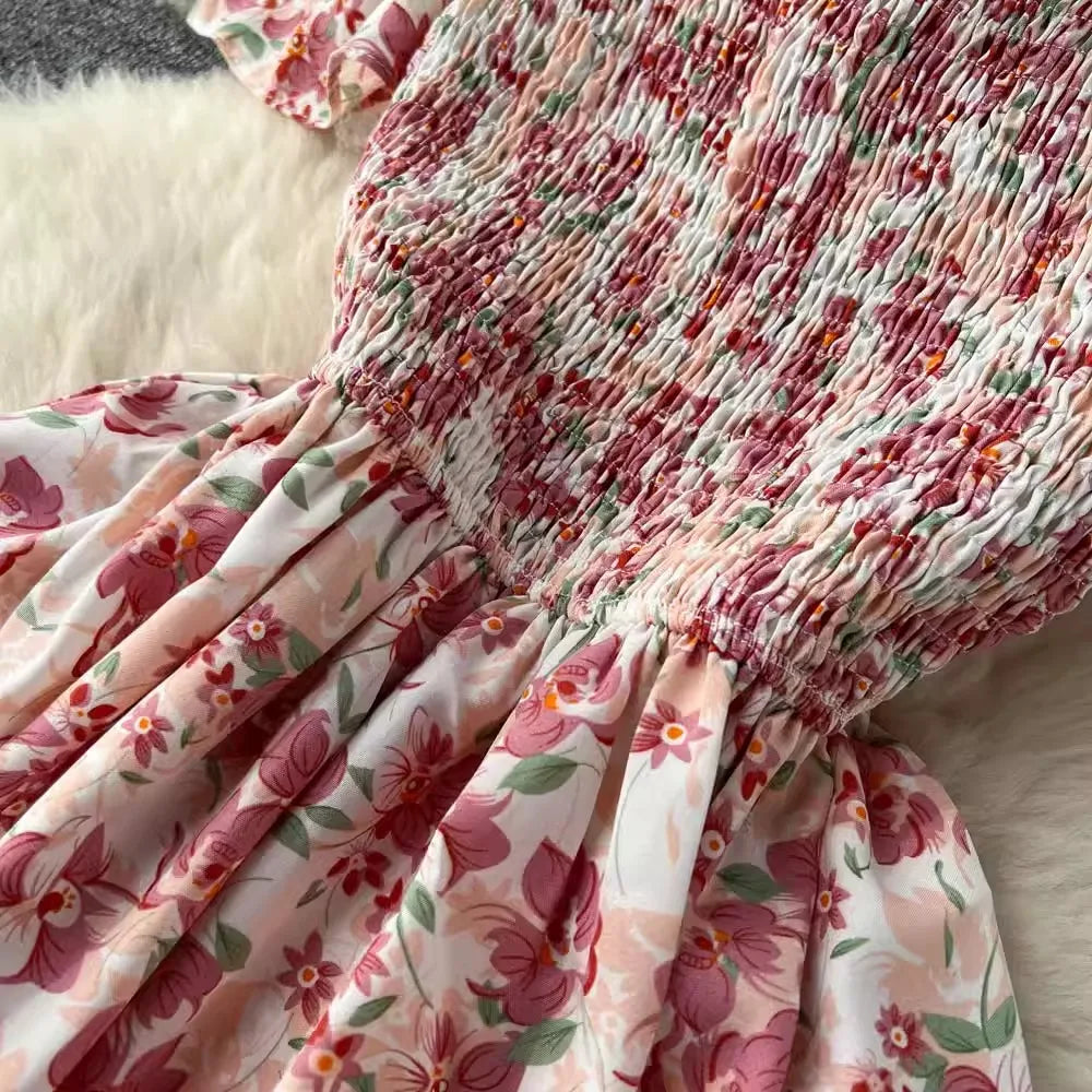Romantic Floral Print Long Summer Dress Women Fashion Off Shoulders Straps Vacation Beach Dress Korean Party Vestidos