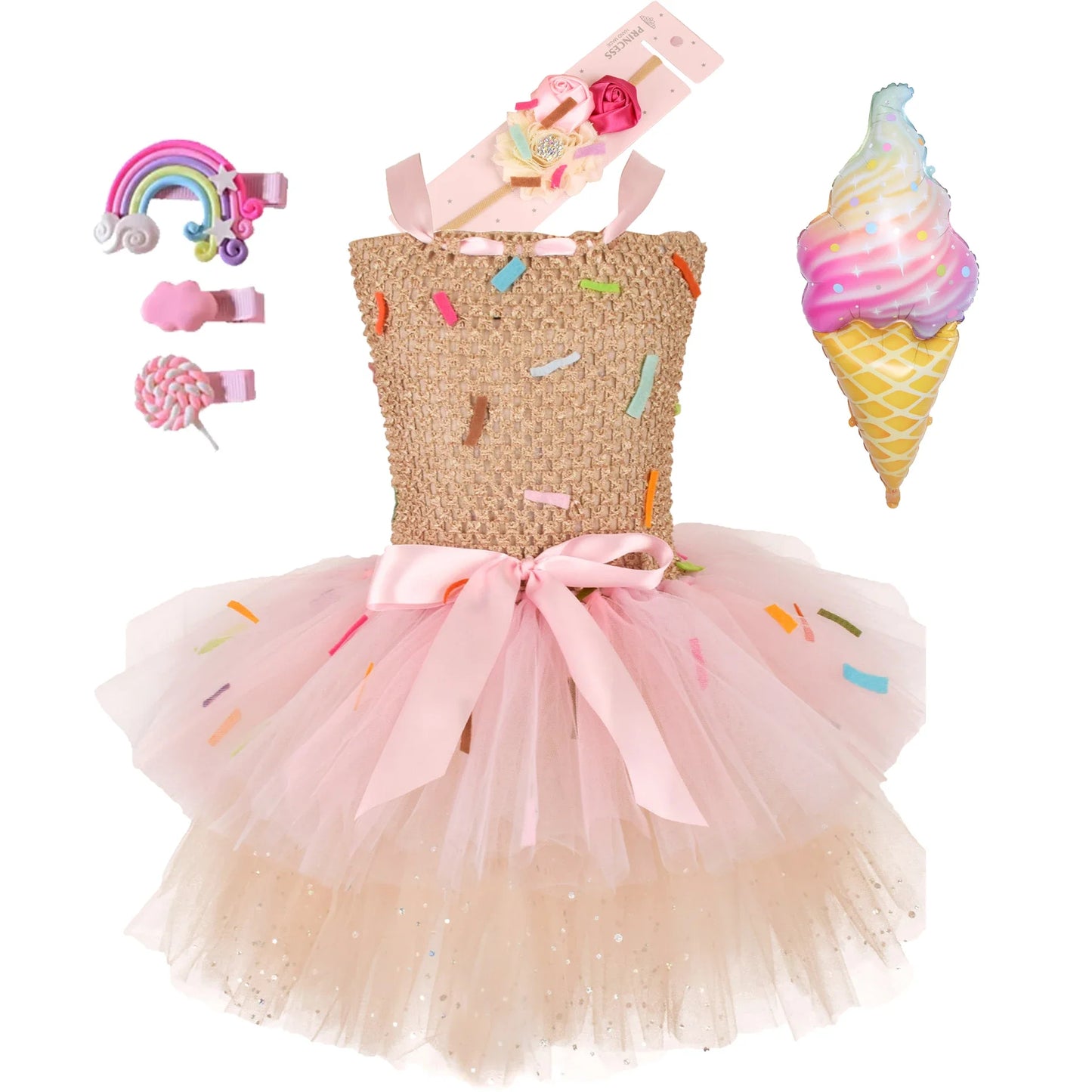 2026 Purim Girls Candy Icecream Dress Handmade Mesh Tutu Dress Childrens Birthday Carnival Party Ball Gown With Icecream Balloon