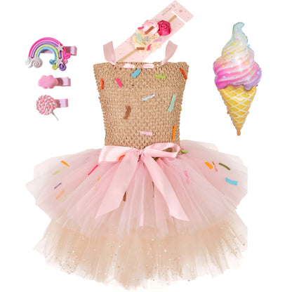 2026 Purim Girls Candy Icecream Dress Handmade Mesh Tutu Dress Childrens Birthday Carnival Party Ball Gown With Icecream Balloon