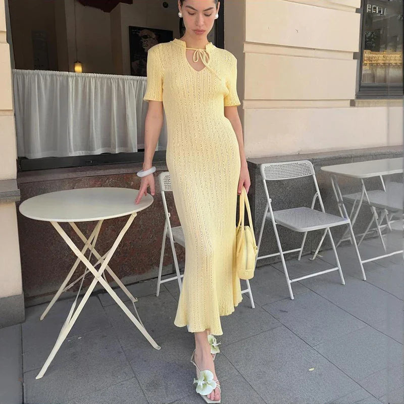Long Dress Female Short Sleeve Slim Hollow Retro Elegant Sweater Dress 2025 Summer High Waist Woman Dress
