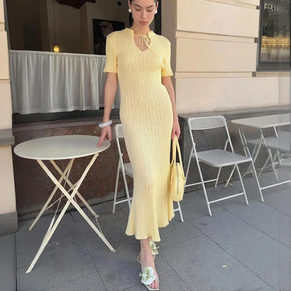 Long Dress Female Short Sleeve Slim Hollow Retro Elegant Sweater Dress 2025 Summer High Waist Woman Dress