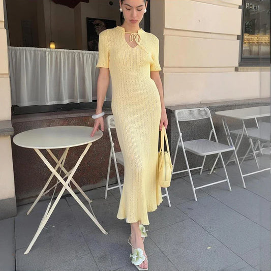 Long Dress Female Short Sleeve Slim Hollow Retro Elegant Sweater Dress 2025 Summer High Waist Woman Dress
