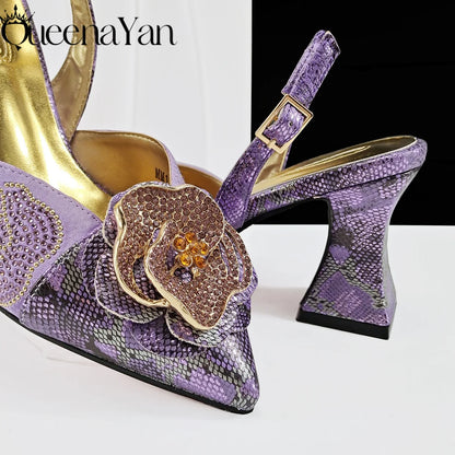 Elegant Lilac Color Women's Heels Handbag Set Rhinestone Embellished Designer Shoes for Weddings Special Events