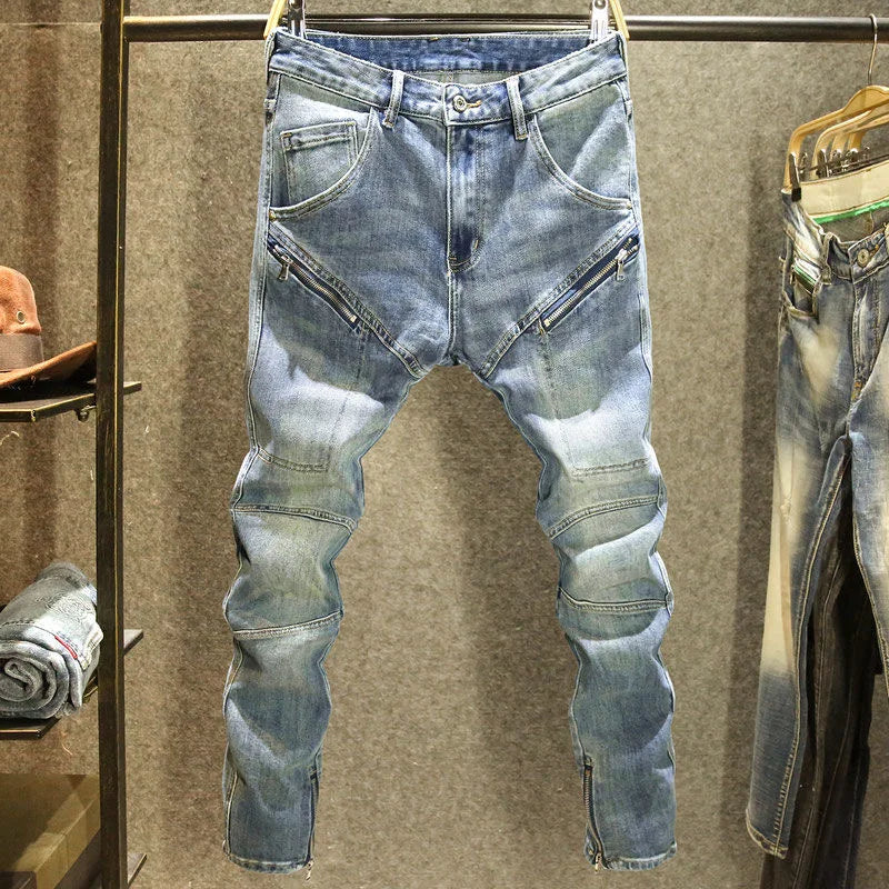 2024 Spring and Autumn New Fashion Blue Patchwork Denim Pants Men's Casual Slim Comfortable Breathable High-Quality Jeans 28-36