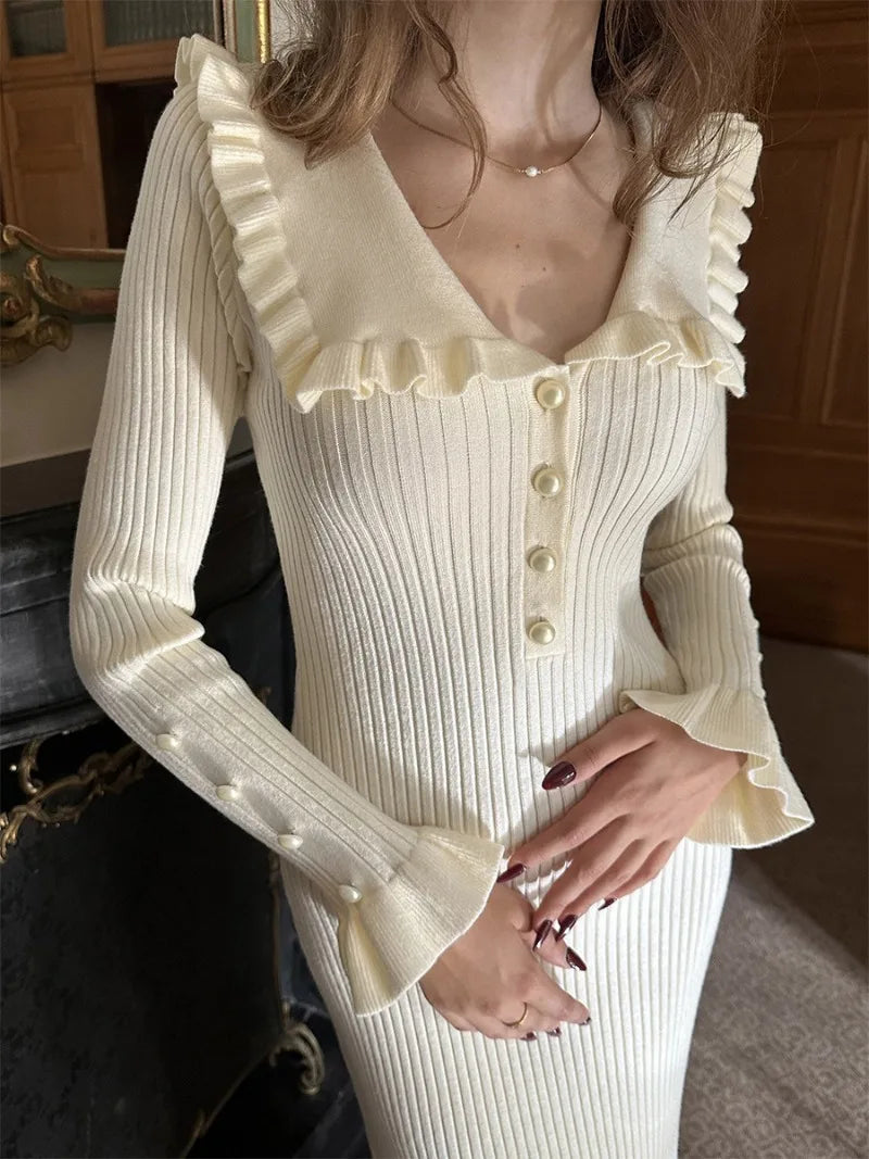 High Waist Ruffled Maxi Dresses For Women Autumn Winter Knitted Slim Long Dress Women's Vintage Dress Woman Retro Elegant