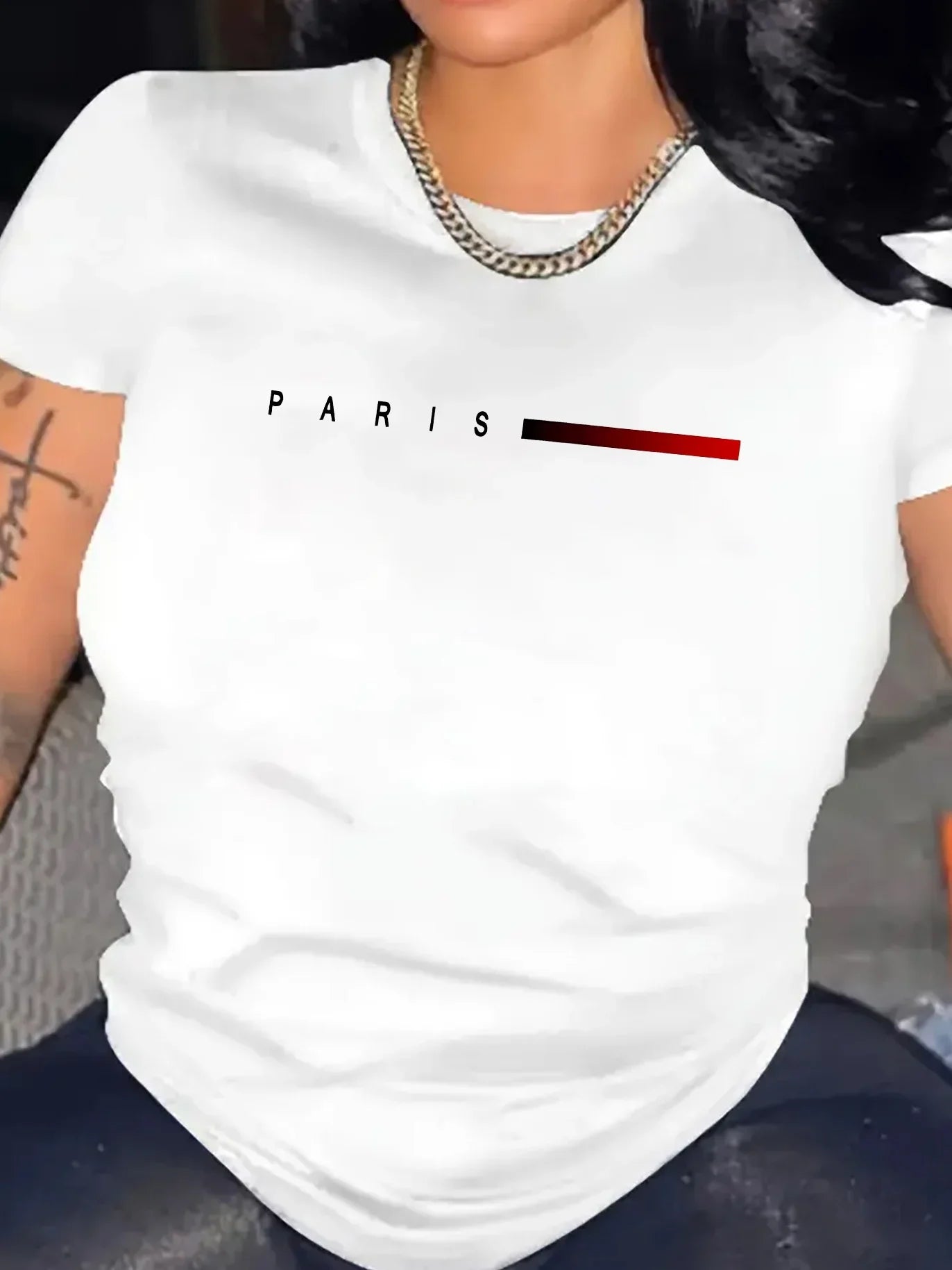 Short Sleeve Tee - Polyester Spandex Blend - Medium Stretch Knit Fabric Women's Paris Letter Print T-Shirt
