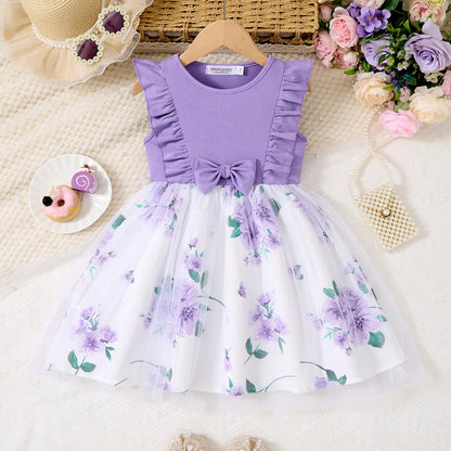 New Summer Children Dresses With Bow Print Casual Dress Outdoor Carnival Birthday Party Girl Clothes Cute Girl Skirt 2-10Y