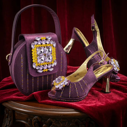 Brown Rhinestone Peep-Toe High Heel Sandals and Bag Set for Women –Elegant Italian Party Shoes Perfect for Wedding