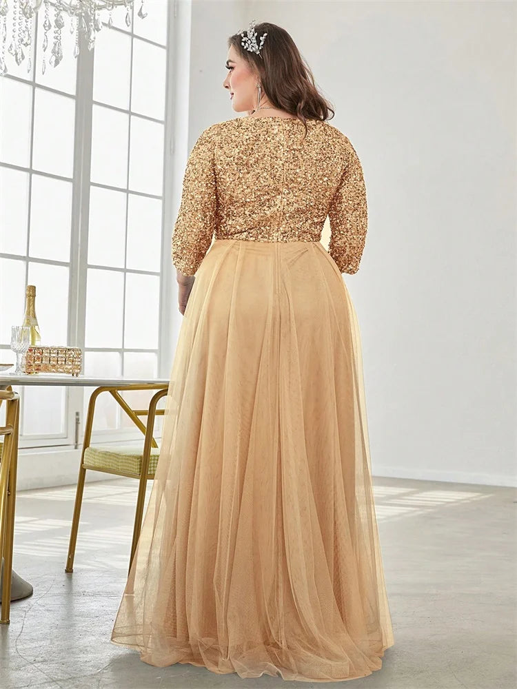Plus Size Luxury Floor Length V-Neck Evening Dress 2025 Women Elegant Party Maxi Dress Sequin Short Sleeves Prom Cocktail Gown
