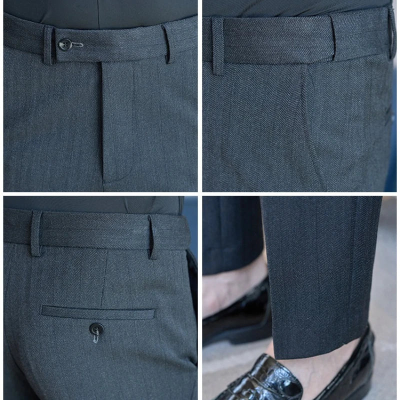 Men's Wool Blend Dress Pants, Elastic Waist Business Trousers, Tapered Slim Fit, Charcoal Gray Black Navy