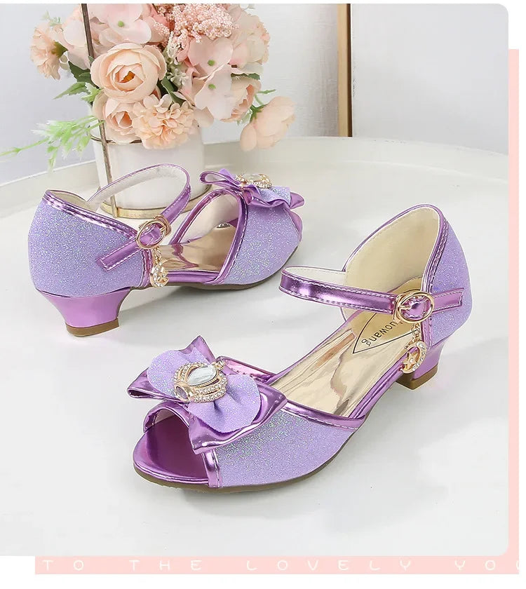 New Girl's High Heel Shoes for Kids Party Wedding Fashion Princess Causal Dress Shoes Sequins Versatile Children's Crown Sandals