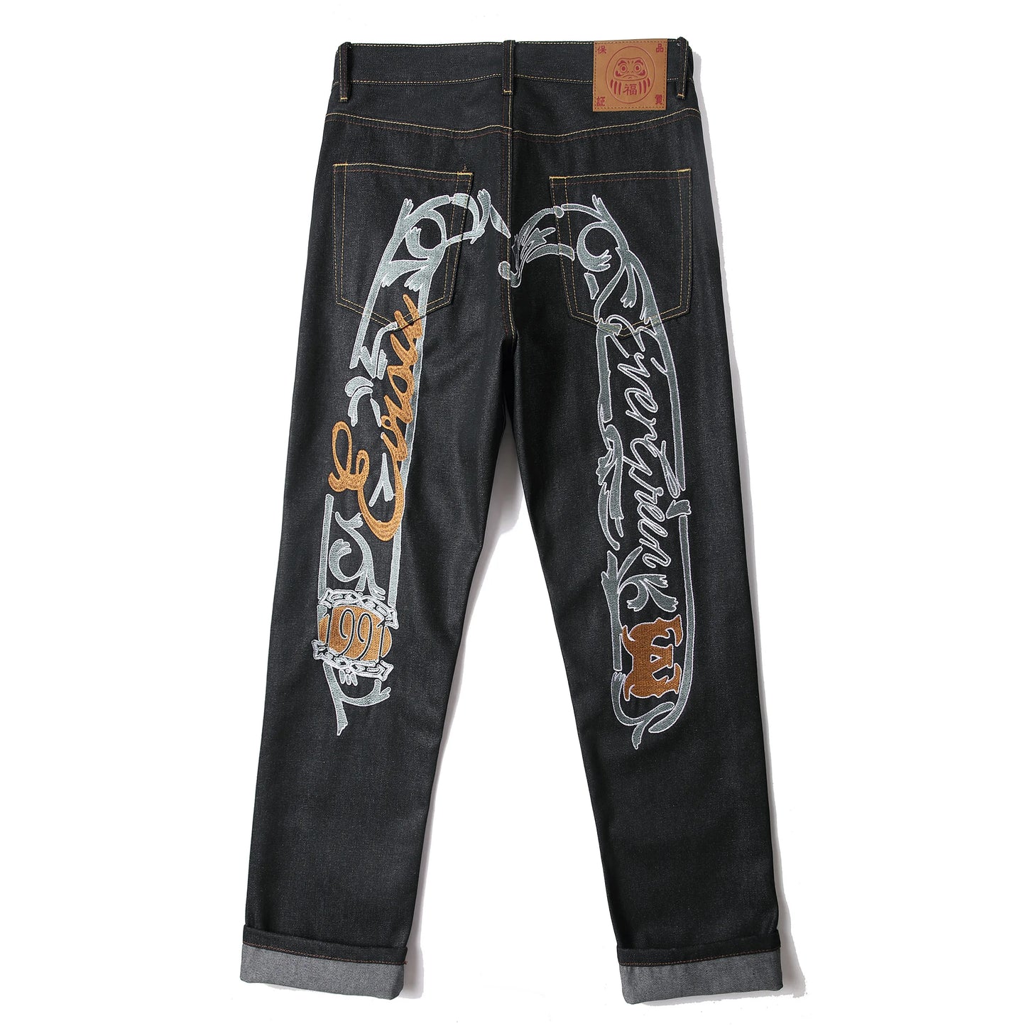 Men's Japanese Handmade Embroidered Cotton Jeans Straight Tube Slim Fit Hip-Hop Trousers Red Ear Detail Devil Big M Golden Text