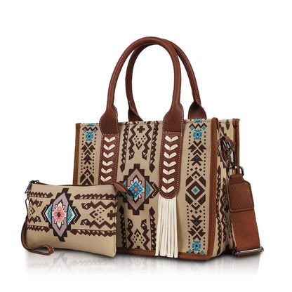 Ethnic print hand-held crossbody bag set with tassel decoration and small coin purse, suitable for daily commuting