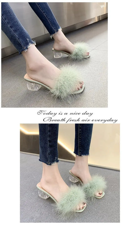 2023 Fluffy Peep Toe Sexy High Heels Women Shoes Fur Feather Lady Fashion Wedding Slip-On Pink Square Toe Women Sandals