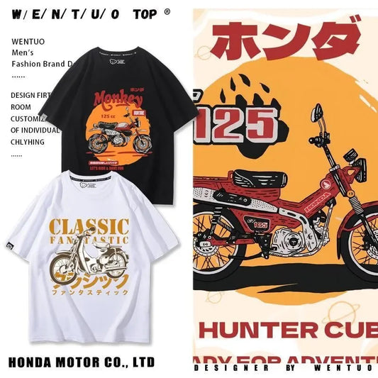 Hunter Cub 125 Men's T-shirt Retro Motorcycle Print Loose Fit Pure Cotton Casual Riding Street Style Top