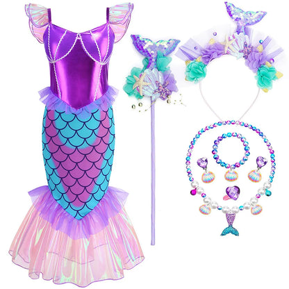 Blue Red Purple Three Colors Mermaid Flying Sleeve Fishtail Beautiful Dress For Girl Summer Beach Party Cool Swimsuit Set