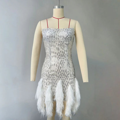 Elegant Dress Stretchy Tassel Sequins Decor Sexy Bodycon Mini Dress Pure Colors Above Knee Summer Dress Club Wear