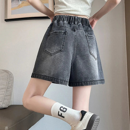 L-6XL Plus Size Denim Shorts For Women Summer 2025 High Waist Black Loose Wide Leg Short Jeans Women Star Large Size Short Jeans