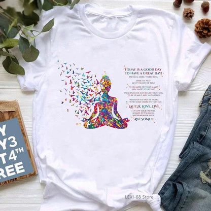 Yoga Print Tshirt Women Bird Om Aum Jade Buddha Meditation Tie Die T Shirt Femme T-Shirt Tops