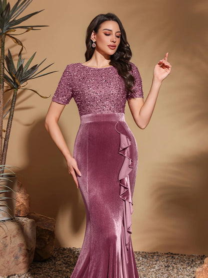Round neck short sleeve sequined velvet ruffled decorative hip dress
