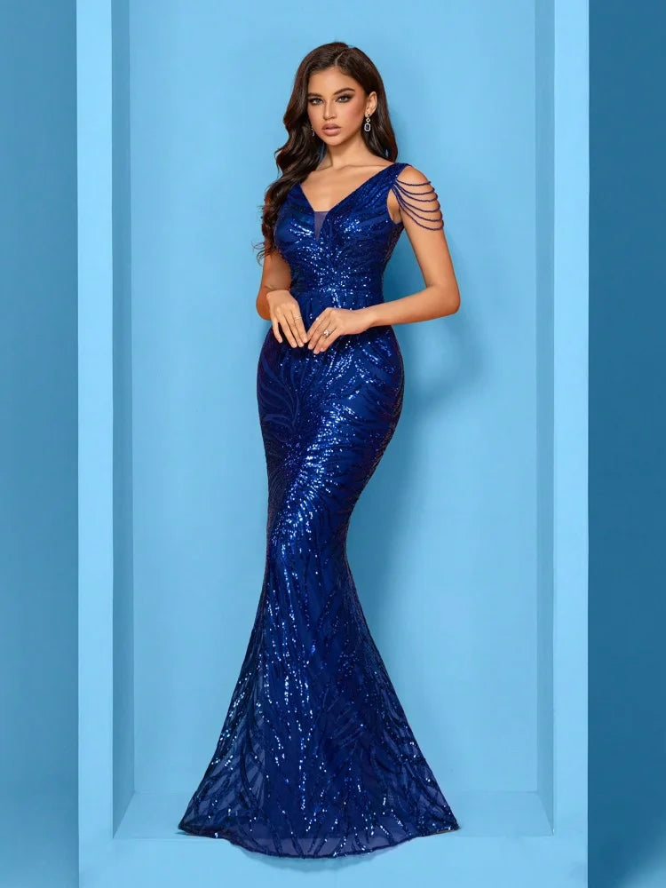 Elegant V-Neck Beading Green Sequin Evening Dress Long New Luxury Women Formal Mermaid Party Prom Graduation Cocktail Gowns