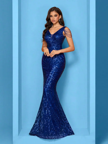 Elegant V-Neck Beading Green Sequin Evening Dress Long New Luxury Women Formal Mermaid Party Prom Graduation Cocktail Gowns