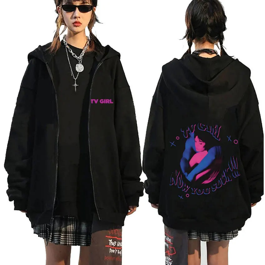 TV Girl Who Really Cares Graphic Print Zipper Hoodie Men Women Fashion Casual Oversized Zip Up Jacket Male Fleece Sweatshirts