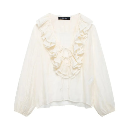 Women Fashion Long Sleeve V Neck Tierred Ruffles Loose Blouse Female Solid Color Casual Shirts Blusas Chic Tops LS6317
