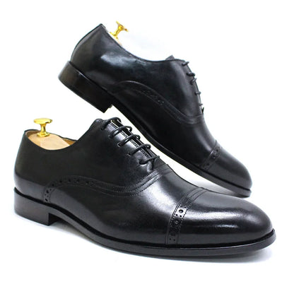 Men's Genuine Leather Oxfords Handmade Cap Toe Dress Shoes Lace-Up Formal Wedding Shoes Business Office Male Footwear