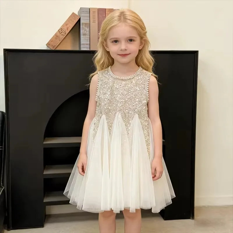 Summer Girls Tulle Dress Princess Sequined Puff Mesh Gown Kids Birthday Party Vestidos Children Casual Fashion Clothes 2-10Y