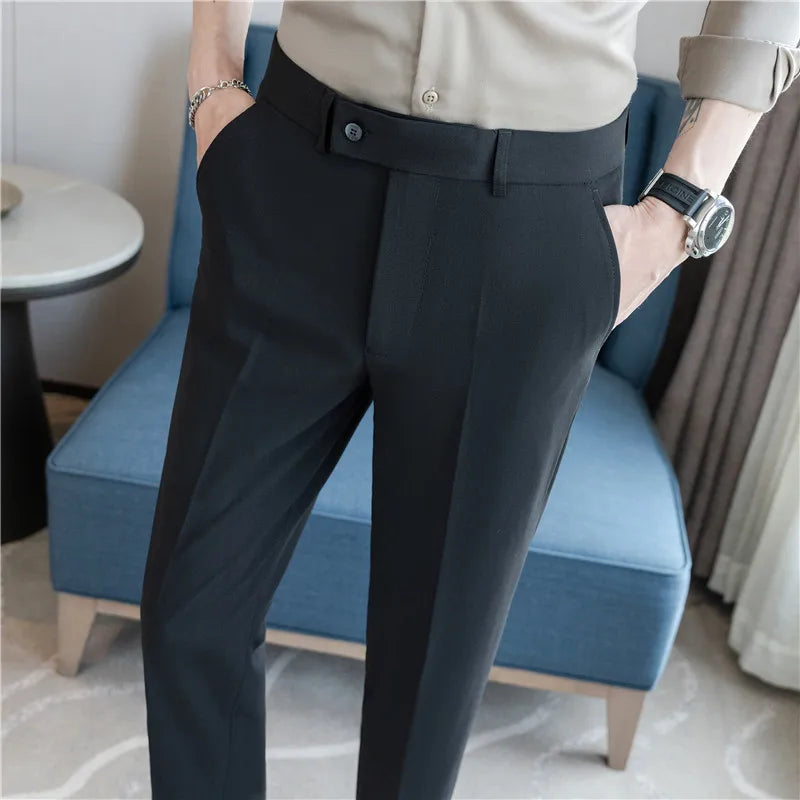 Stretch Solid Color Men's Trousers, Suitable for Business Casual, Parties, Formal Events, and Ankle-length Slim Pants.28-40
