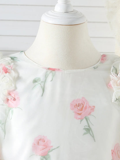 Summer New Girls' Floral Bubble Sleeves Stylish Back Bow Princess Dress Dress