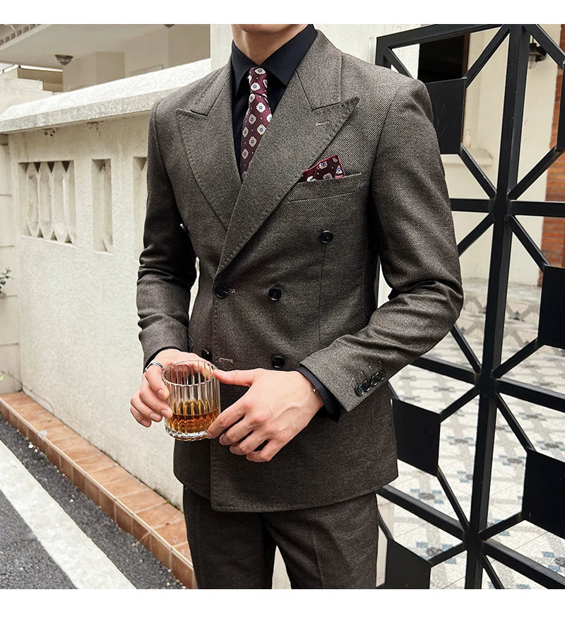 Men Vintage Luxury Double Breasted Slim Fit Lapel Evening Gown ltalian Style Fashion High-end Groom Wedding Party Tuxedo 2 Piece