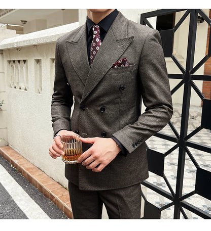 Men Vintage Luxury Double Breasted Slim Fit Lapel Evening Gown ltalian Style Fashion High-end Groom Wedding Party Tuxedo 2 Piece